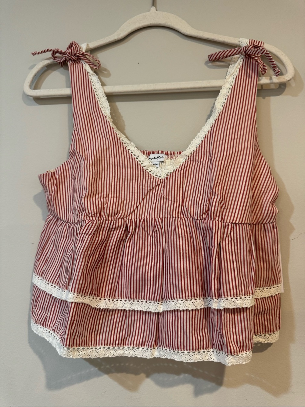 Red and White Striped Tie-Shoulder Tank with Lace Trim